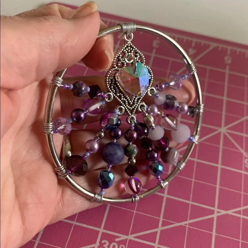 Handcrafted Silver and Purple Beaded Wire Wrapped Ornament with Hear Pendant - Picture 7 of 8